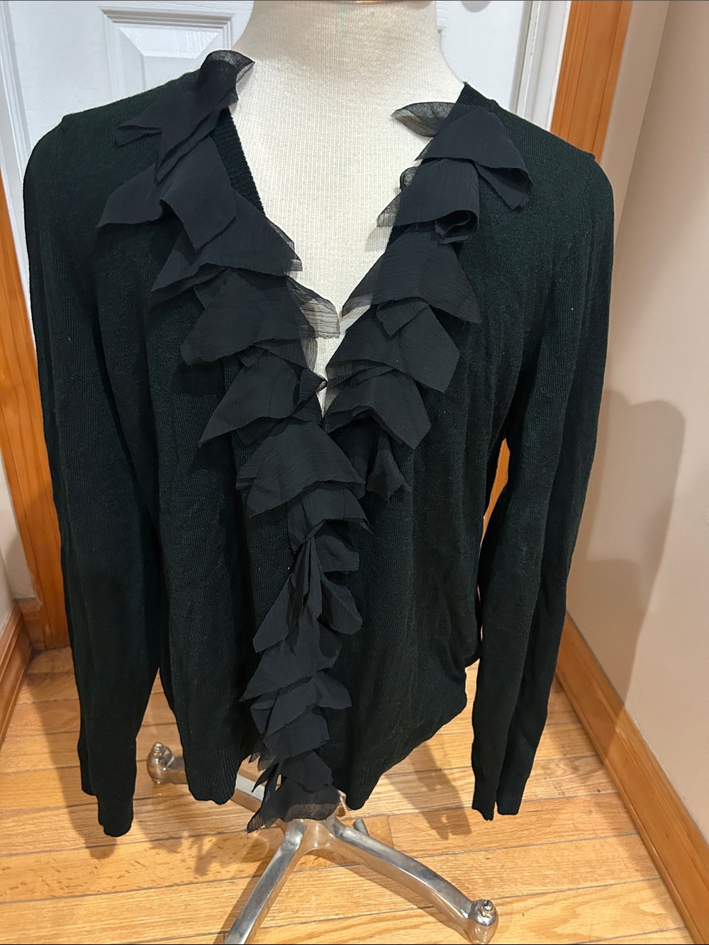 New York & Company Black V-Neck Ruffle-Front Sweater